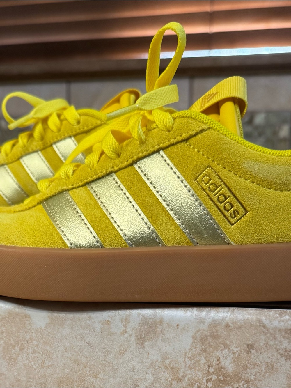 adidas Women's Bright Yellow Suede Sneakers with Metallic Gold Stripes